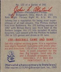 1949 Bowman #123 Johnny Blatnik Back