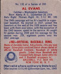 1949 Bowman #132 Al Evans Back
