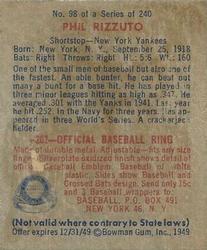 1949 Bowman #98 Phil Rizzuto Back