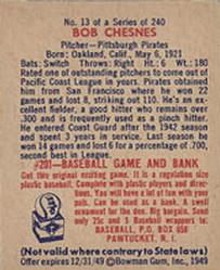 1949 Bowman #13 Bob Chesnes Back