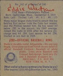 1949 Bowman #142 Eddie Waitkus Back