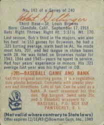 1949 Bowman #143 Bob Dillinger Back