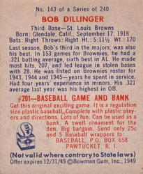 1949 Bowman #143 Bob Dillinger Back