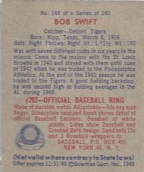 1949 Bowman #148 Bob Swift Back
