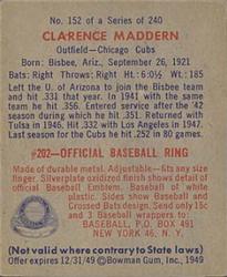 1949 Bowman #152 Clarence Maddern Back
