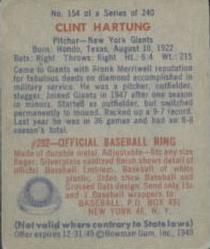 1949 Bowman #154 Clint Hartung Back