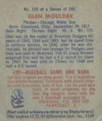 1949 Bowman #159 Glen Moulder Back