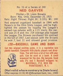 1949 Bowman #15 Ned Garver Back