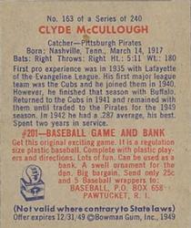1949 Bowman #163 Clyde McCullough Back