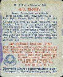 1949 Bowman #170 Bill Rigney Back