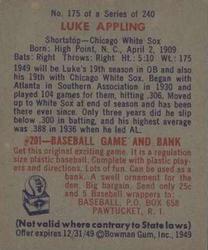 1949 Bowman #175 Luke Appling Back