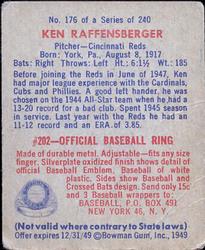 1949 Bowman #176 Ken Raffensberger Back