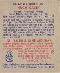1949 Bowman #179 Hugh Casey Back