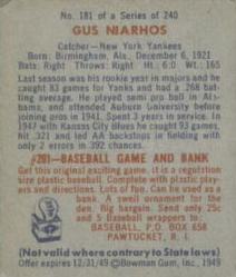 1949 Bowman #181 Gus Niarhos Back
