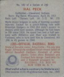 1949 Bowman #182 Hal Peck Back