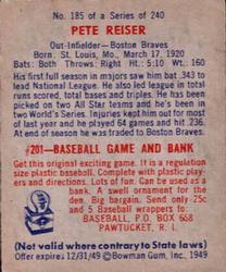 1949 Bowman #185 Pete Reiser Back