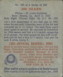 1949 Bowman #190 Jim Hearn Back