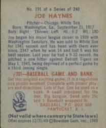 1949 Bowman #191 Joe Haynes Back