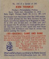 1949 Bowman #193 Ken Trinkle Back