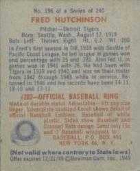 1949 Bowman #196 Fred Hutchinson Back