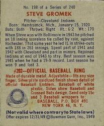 1949 Bowman #198 Steve Gromek Back