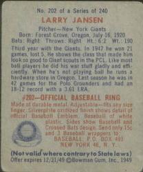 1949 Bowman #202 Larry Jansen Back
