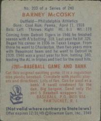 1949 Bowman #203 Barney McCosky Back
