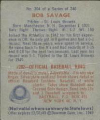 1949 Bowman #204 Bob Savage Back