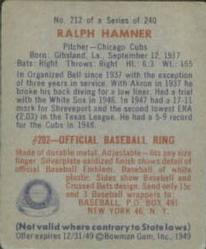 1949 Bowman #212 Ralph Hamner Back