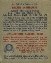 1949 Bowman #214 Richie Ashburn Back
