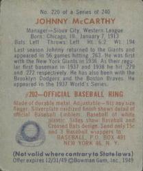 1949 Bowman #220 Johnny McCarthy Back