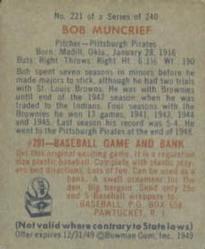1949 Bowman #221 Bob Muncrief Back