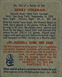 1949 Bowman #225 Jerry Coleman Back