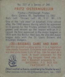1949 Bowman #227 Fritz Ostermueller Back