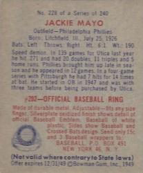 1949 Bowman #228 Jackie Mayo Back