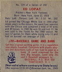 1949 Bowman #229 Ed Lopat Back