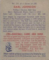 1949 Bowman #231 Earl Johnson Back