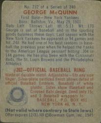 1949 Bowman #232 George McQuinn Back