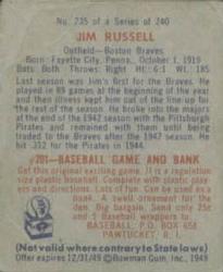 1949 Bowman #235 Jim Russell Back