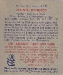 1949 Bowman #237 Monte Kennedy Back