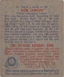 1949 Bowman #238 Bob Lemon Back