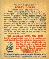 1949 Bowman #23 Bobby Doerr Back
