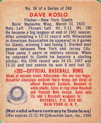 1949 Bowman #34 Dave Koslo Back