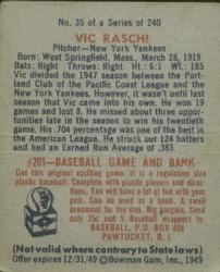 1949 Bowman #35 Vic Raschi Back