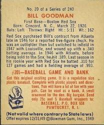 1949 Bowman #39 Bill Goodman Back