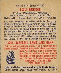 1949 Bowman #41 Lou Brissie Back