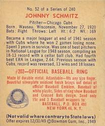 1949 Bowman #52 Johnny Schmitz Back
