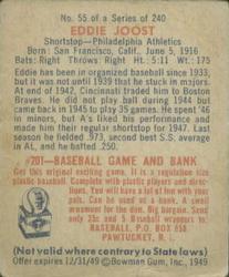 1949 Bowman #55 Eddie Joost Back