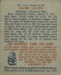 1949 Bowman #5 Hank Sauer Back