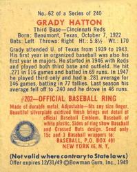 1949 Bowman #62 Grady Hatton Back